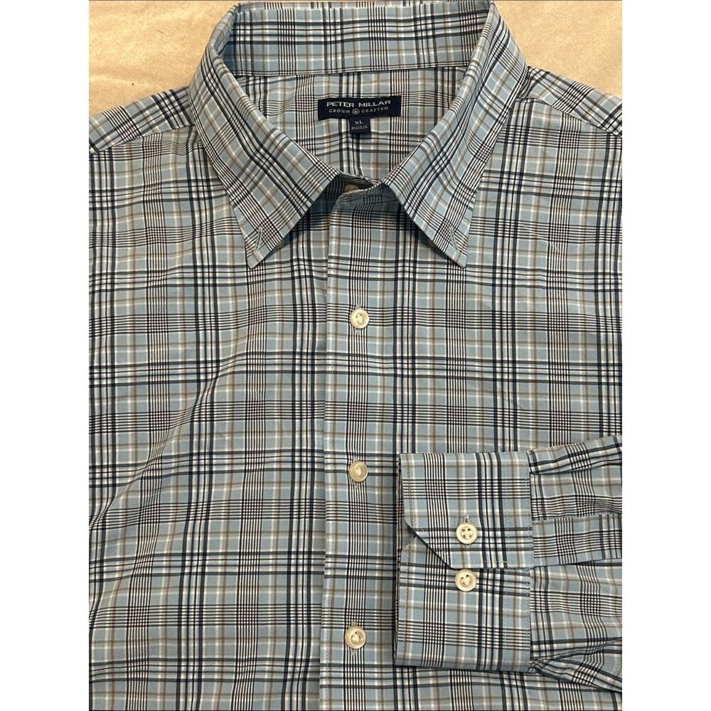 Peter Millar Crown Crafted Plaid Performance Shirt XL Blue Button Up Long Sleeve